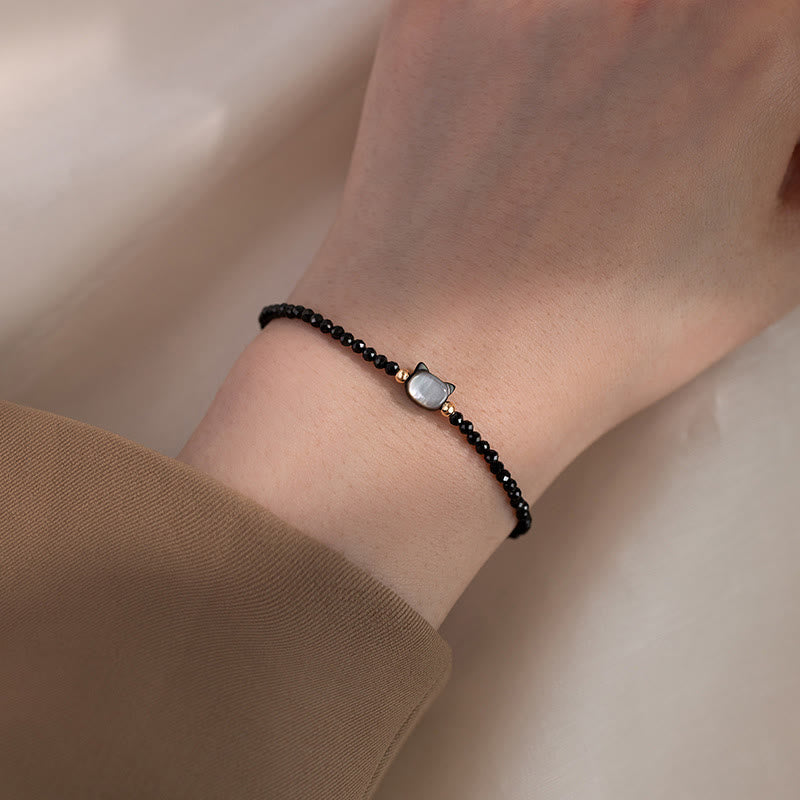 14K Gold Plated Black Spinel White Crystal Cute Cat Tridacna Stone Healing Bracelet