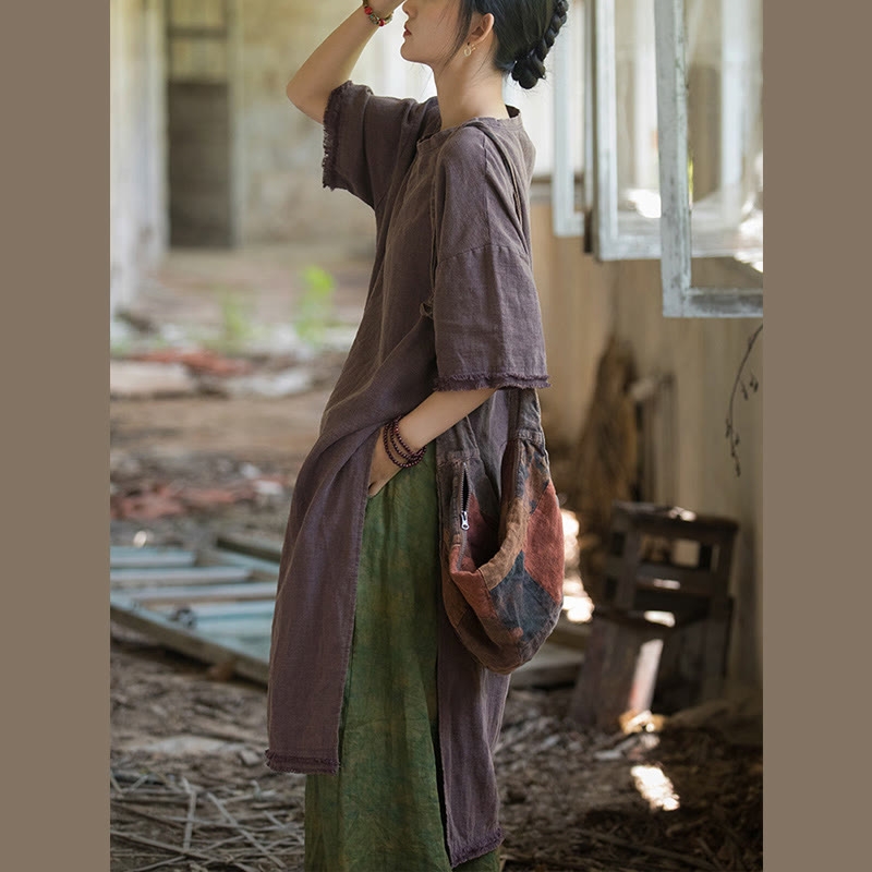 Mid Length Dress Ramie Linen Half Sleeve Split Hem Top T-Shirt