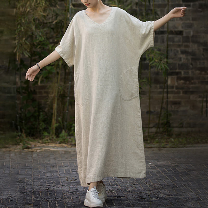 Solid Color V-Neck Half Sleeve Ramie Linen Midi Dress With Pockets