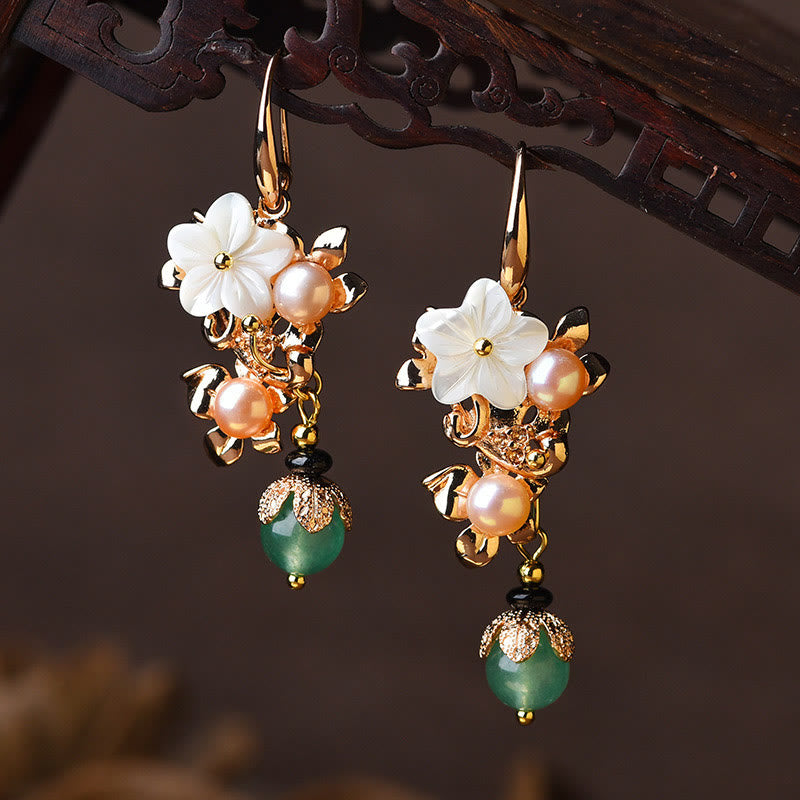 14K Gold Plated Tridacna Flower Pearl and Gemstone Drop Earrings