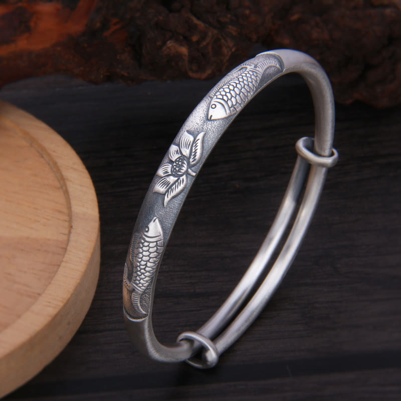 999 Sterling Silver Koi Fish Lotus Wealth Luck Bracelet Bangle