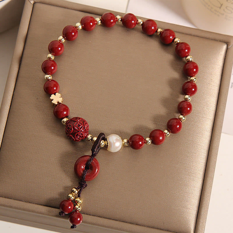 Natural Cinnabar Peace Buckle Copper Coin Charm Blessing Bracelet