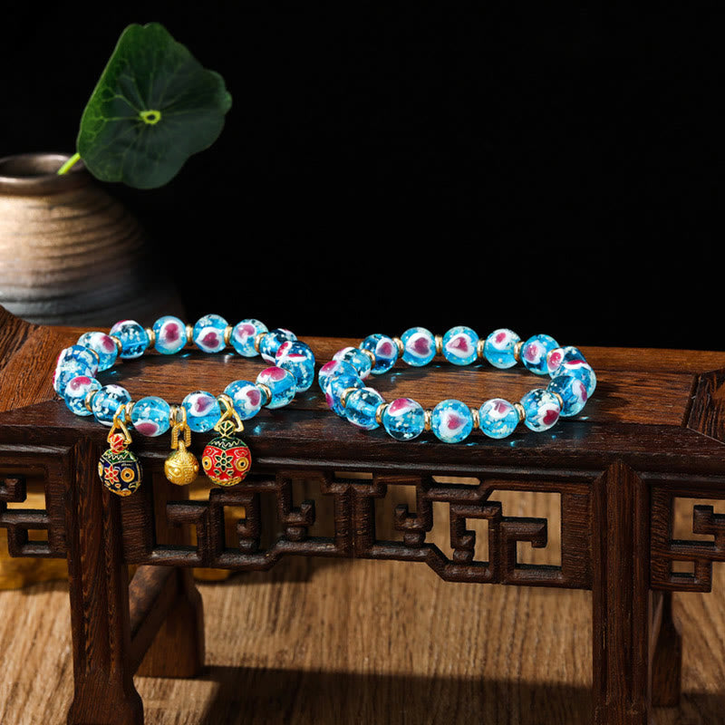 Gold Swallowing Beast Family Pink Love Heart Luminous Fluorescent Liuli Glass Bead Bracelet