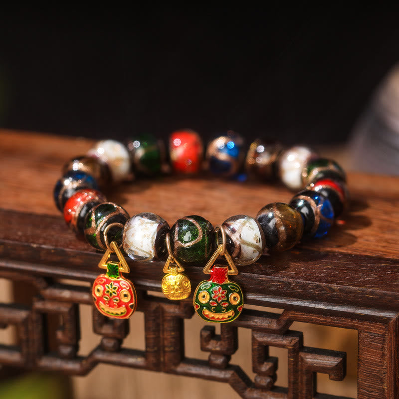 Five Elements Gold Swallowing Beast Family Charm Liuli Glass Bead Luck Bracelet