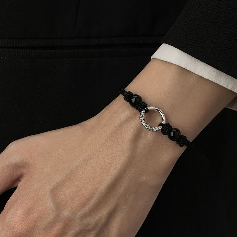 925 Sterling Silver Black Onyx Ping An Kou Peace Buckle Adjustable Bracelet