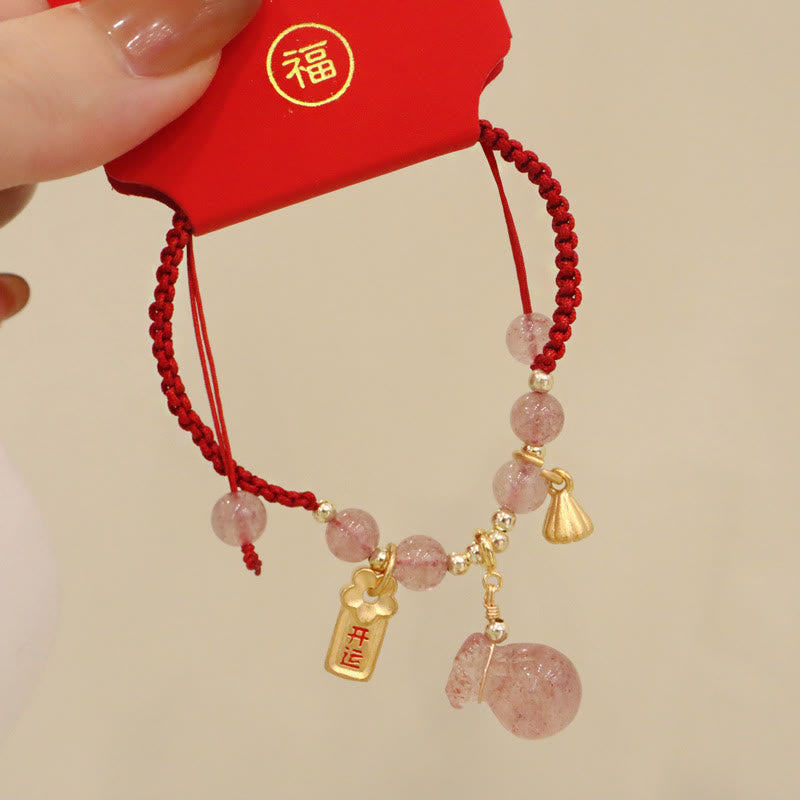 Natural Strawberry Quartz Money Bag Lotus Healing Charm Red String Braided Bracelet