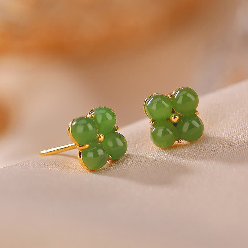 Handcrafted Natural Cyan Jade and Gold Plated 925 Sterling Silver Clover Stud Earrings