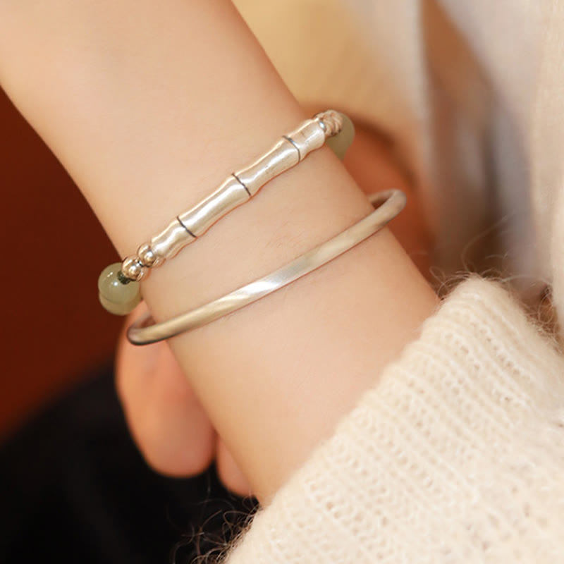 925 Sterling Silver Natural Hetian Jade Bamboo and Fu Character Resilience Bracelet