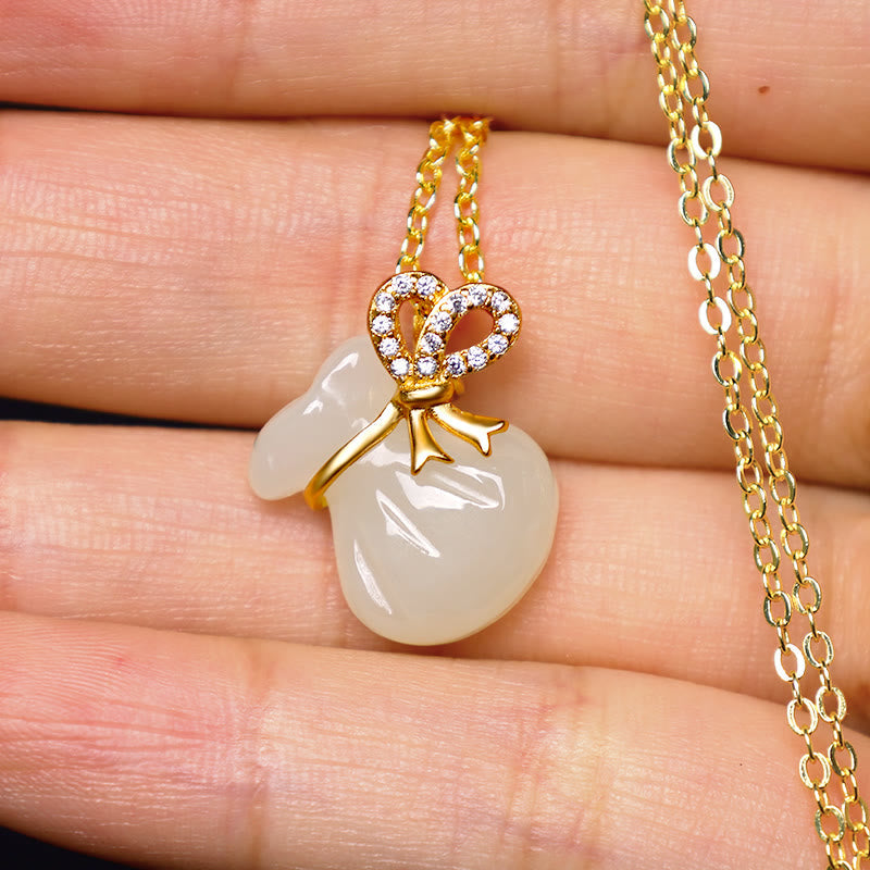 Natural Hetian White Jade Luck Money Bag Necklace Pendant