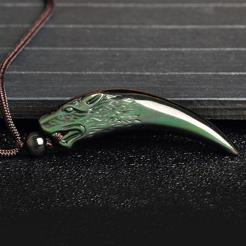 Natural Black Obsidian Ice Obsidian Rainbow Obsidian Wolf Tooth Pattern Strength Necklace Pendant
