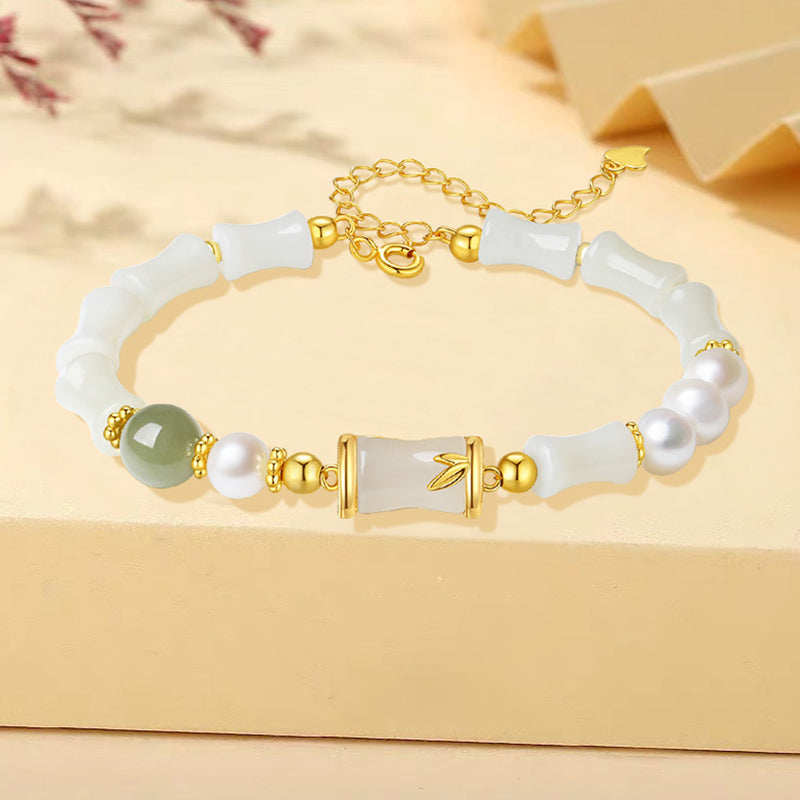 925 Sterling Silver Natural Hetian White Jade Bamboo Luck Blessing Bracelet
