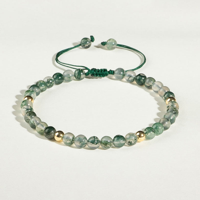 Moss Agate Beaded Bracelet with Copper Golden Accents, Adjustable Fit (14-19cm)