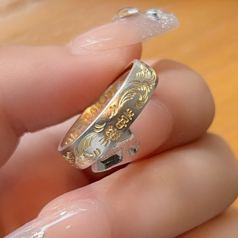 999 Sterling Silver Gold-Painted Joyful Flower Pattern Peaceful Heart Sutra Ring