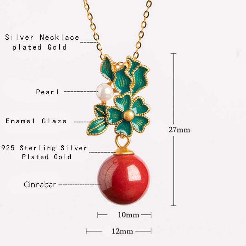 925 Sterling Silver Plated Gold Cinnabar Pearl Flower Blessing Necklace Pendant Earrings Ring Set