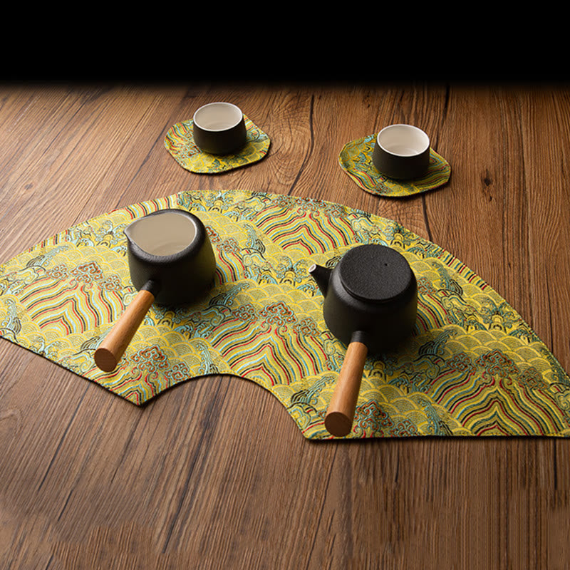 Vintage Sea Wave Bamboo Plum Blossom Embroidered Cup Mat Pad Tea Cup Coaster Kung Fu Tea Mat