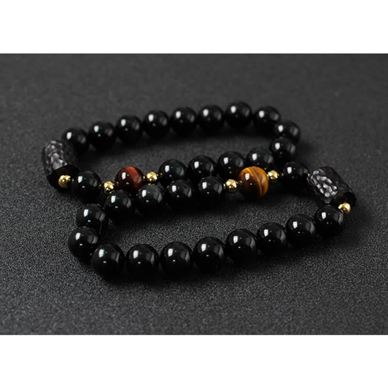 Ebony Wood & Black Obsidian Gold Sterling Silver Tiger Eye Beaded Couple Bracelet