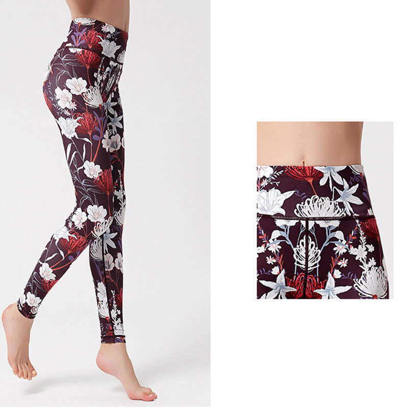 Colorful Flower Petal Leaves Print Sports Exercise Fitness High Waist Leggings Women's Yoga Pants