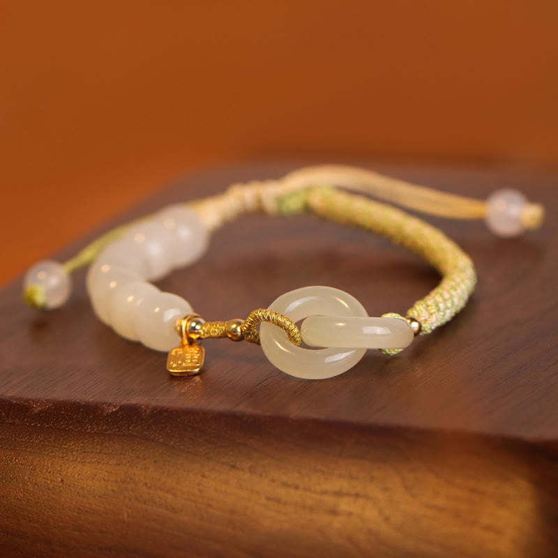 Natural Hetian Jade Bead Double Peace Buckle Fu Character Abundance Braided Bracelet