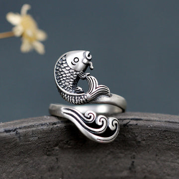 925 Sterling Silver Koi Fish Water Ripple Adjustable Ring