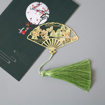 Traditional Butterfly Lotus Flower Crane Dragon Phoenix Fox Koi Fish New Beginning Metal Brass Hollow Fan Bookmarks