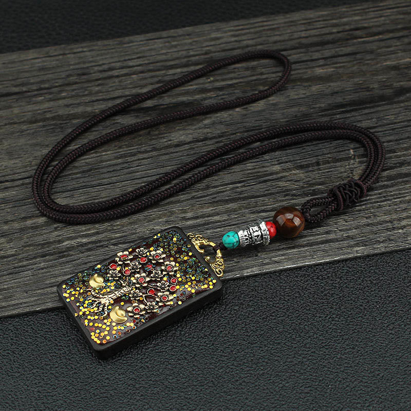 Tibet God Of Wealth Money Tree Golden Phoenix Thangka Ebony Peace Necklace Pendant