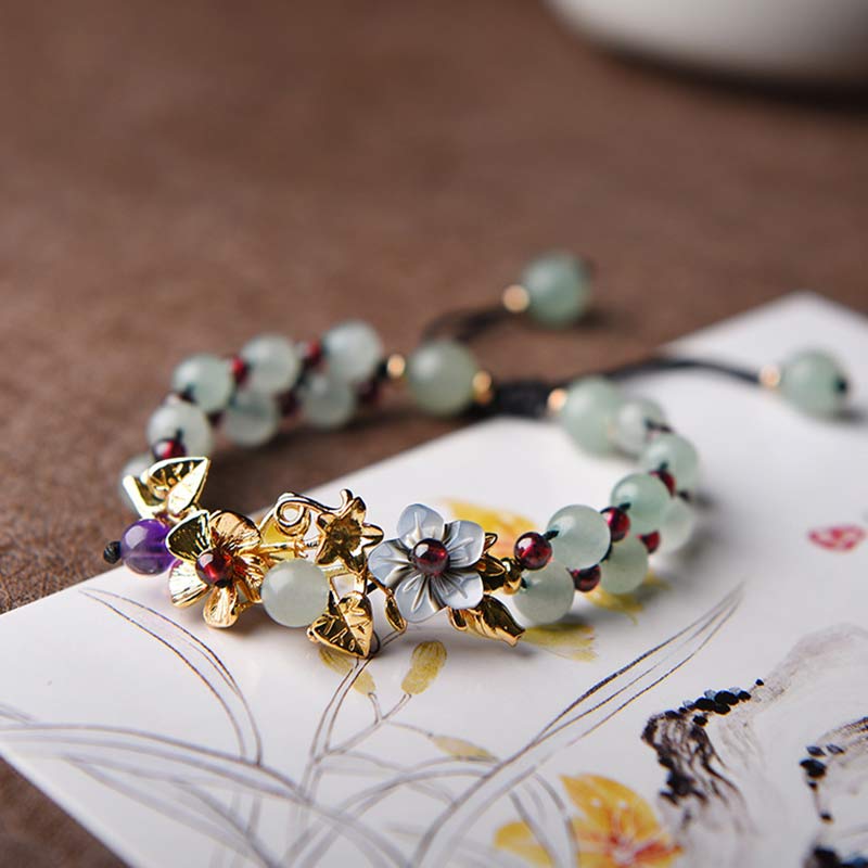 Green Aventurine Garnet Bead Flower Petal Luck Bracelet