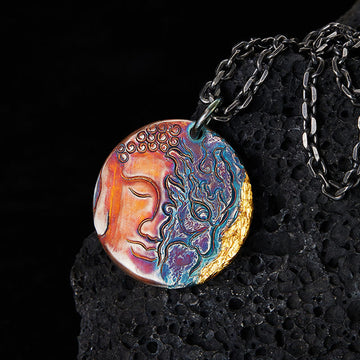 999 Sterling Silver & 24K Gold Half Demon Half Buddha Compassion Pendant Necklace