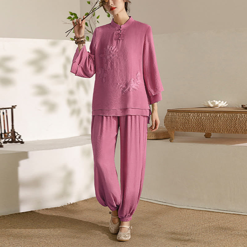 Cotton-Linen Frog-Button Meditation and Tai Chi Two-Piece Set