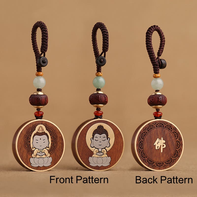 Ebony Wood Rosewood Buddha Avalokitesvara Om Mani Padme Hum Balance Car Key Chain Decoration