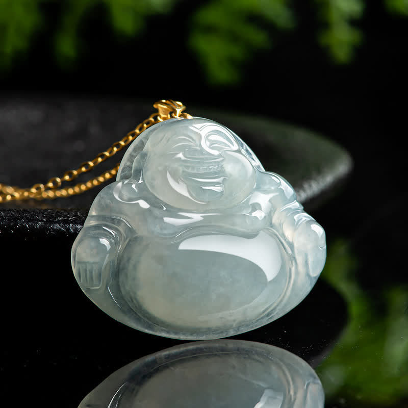 Laughing Buddha Natural Jade 925 Sterling Silver Plated Gold Abundance Necklace Pendant