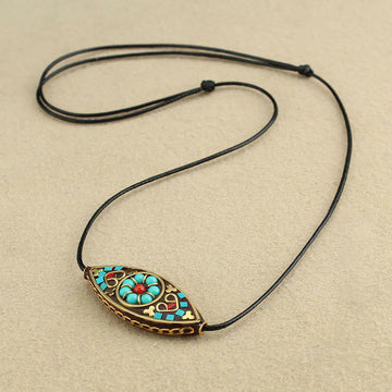 Tibet Turquoise Bead Marquise Pattern Protection Strength Necklace Pendant