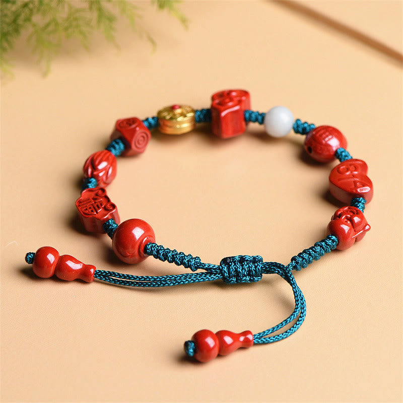 Hand-Carved Cinnabar Om Mani Padme Hum Laughing Buddha Wu Lou Fu Corded Bracelet