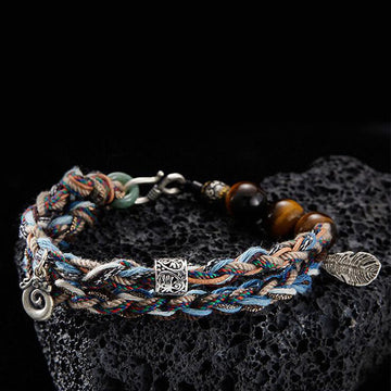 Handmade 925 Sterling Silver Tiger Eye & Jade Om Mani Padme Hum Colorful Rope Bracelet
