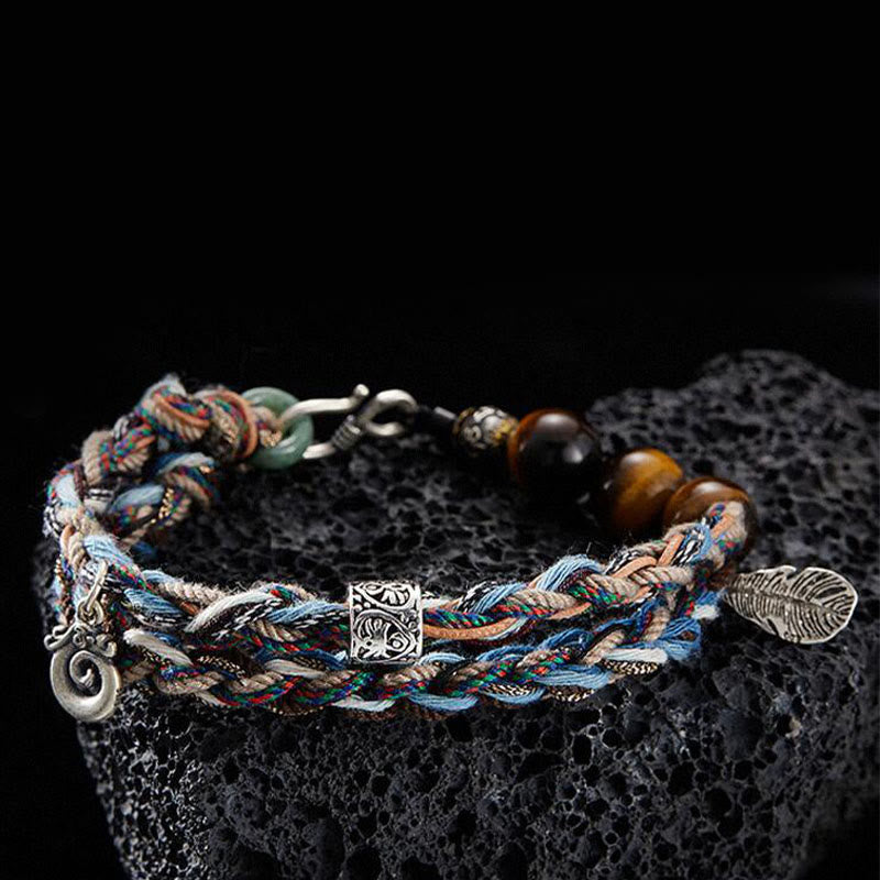 Handmade 925 Sterling Silver Tiger Eye & Jade Om Mani Padme Hum Colorful Rope Bracelet