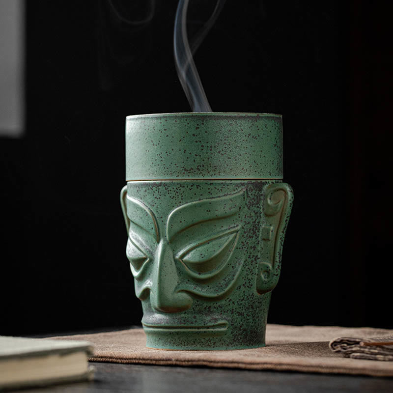 Ancient Sanxingdui Mask Ceramic Incense Burner - 13.8cm x 7.8cm