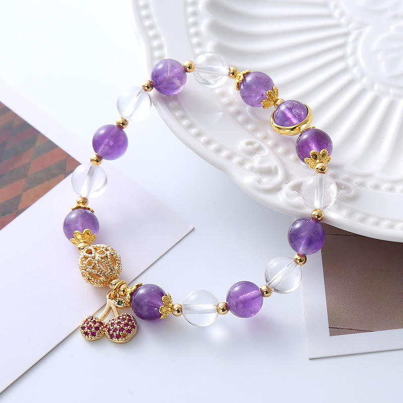 Natural Amethyst and Clear Quartz Beaded Bracelet with Cherry Charm