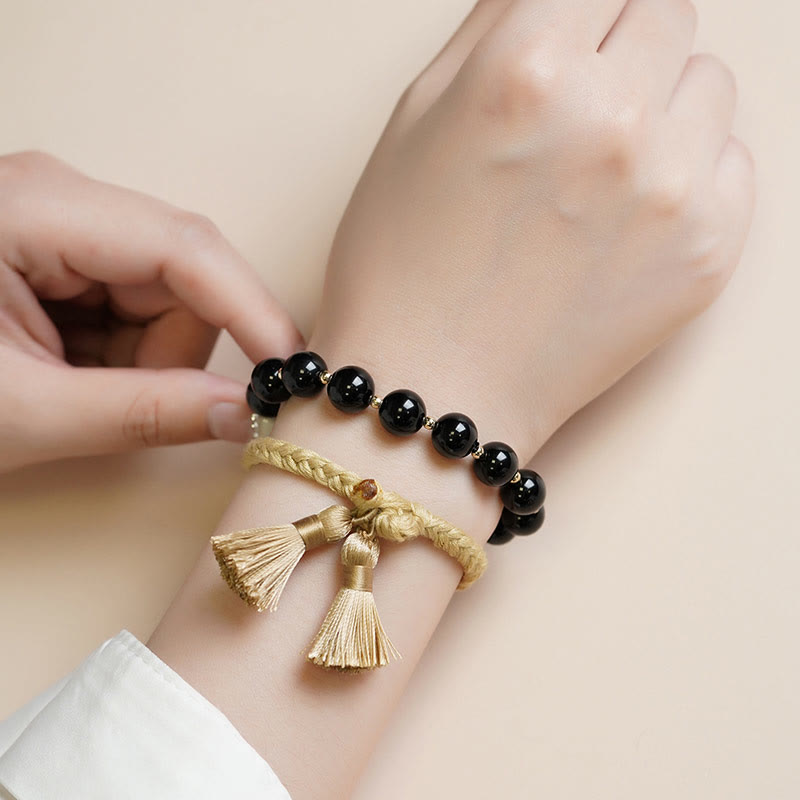 Minimalist Black Onyx Bead Bracelet Set for Grounding - 2 Pieces