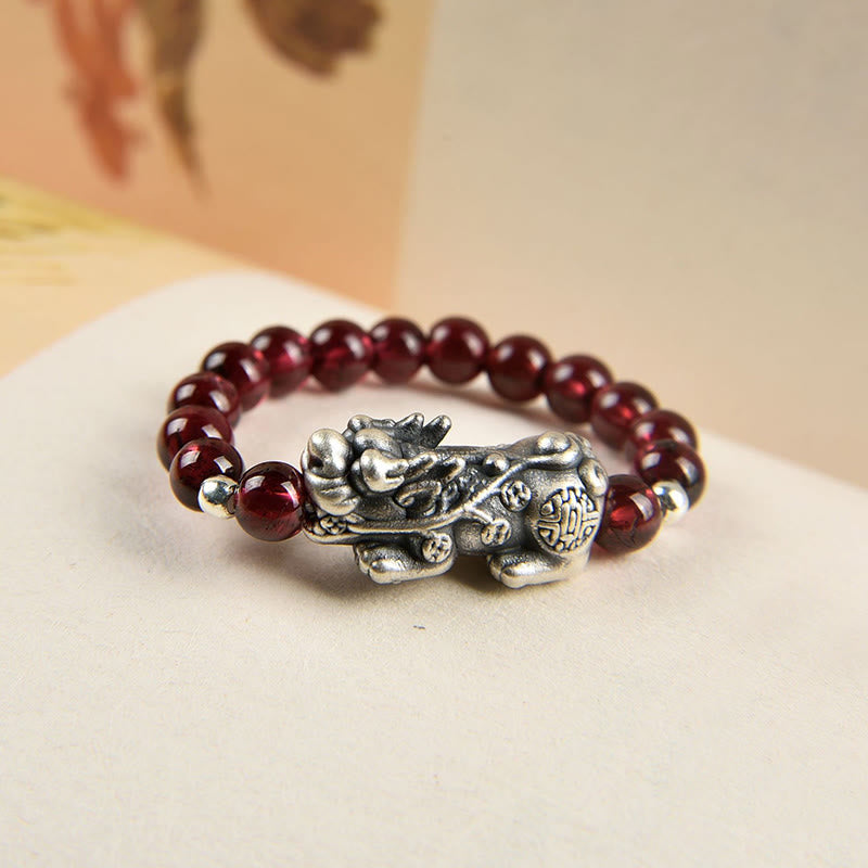 925 Sterling Silver Natural Garnet Moonstone Red Agate PiXiu Wealth Ring