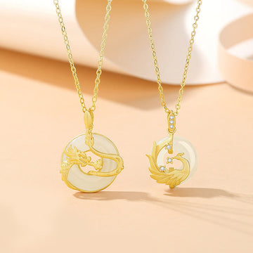 925 Sterling Silver Year of the Dragon Hetian Jade Golden Dragon Phoenix Peace Buckle Luck Necklace Pendant