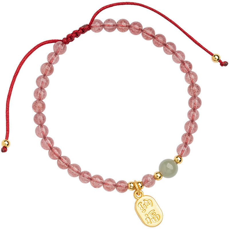 Natural Jade & Strawberry Quartz Garnet Fu Prosperity Character Beaded Bracelet