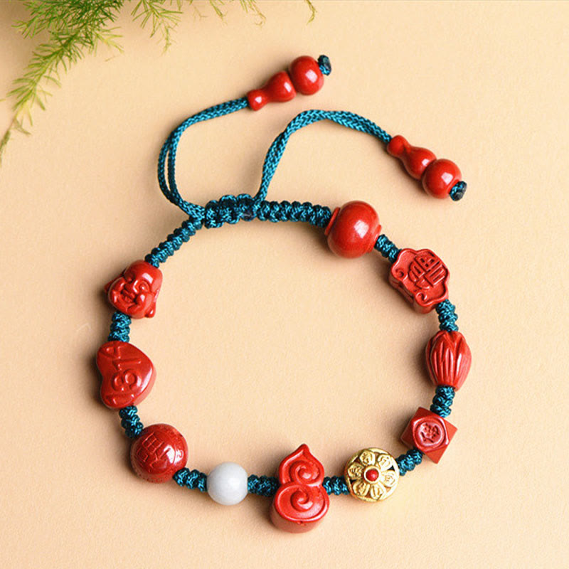 Hand-Carved Cinnabar Om Mani Padme Hum Laughing Buddha Wu Lou Fu Corded Bracelet