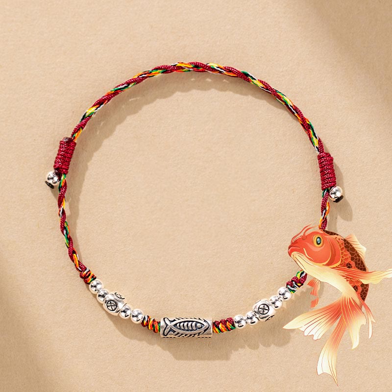 Braided Red String & 925 Sterling Silver Koi Fish Adjustable Bracelet Anklet