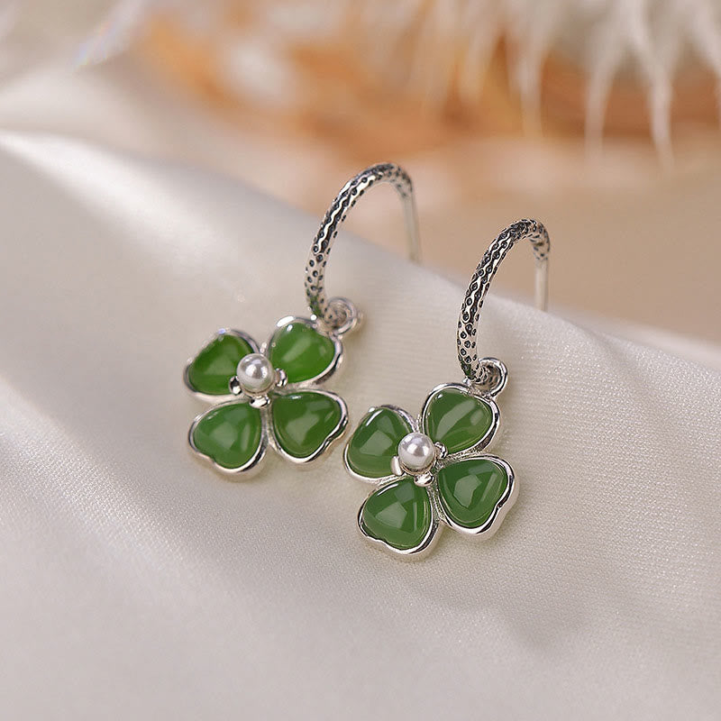 Natural Jade and 925 Sterling Silver Four-Leaf Clover Stud Earrings