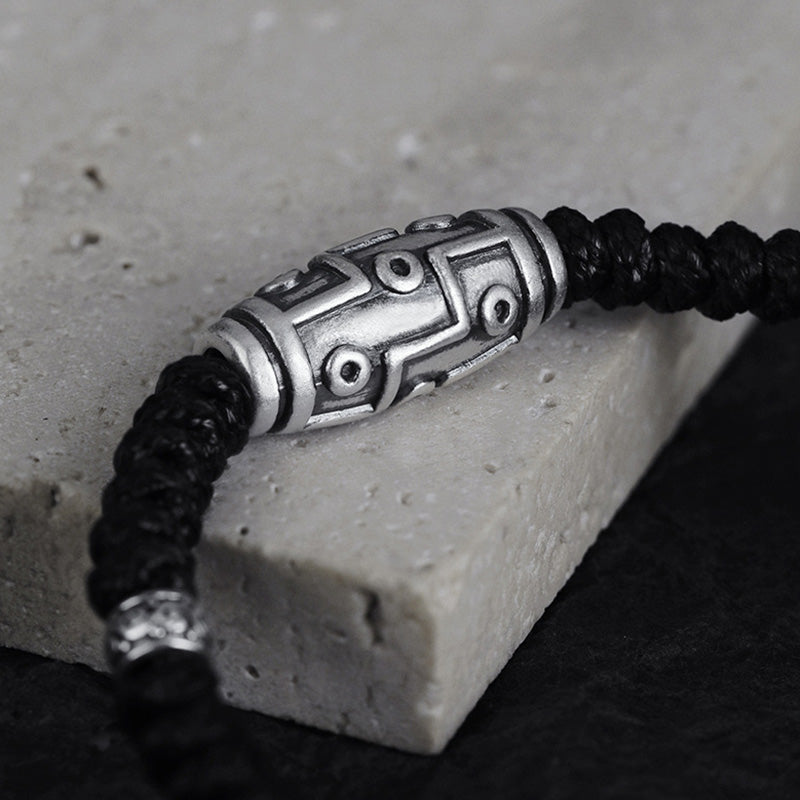 999 Sterling Silver Nine-Eye Dzi Bead Pattern Blessing Rope Bracelet