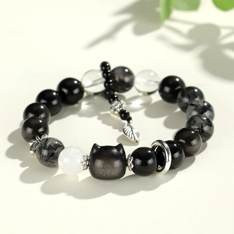 Natural Silver Sheen Obsidian Charm Bracelet with Rose Quartz, Aquamarine, Black & Clear Quartz