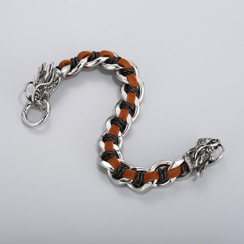 Masculine Dragon Braided Leather and Titanium Steel Bracelet