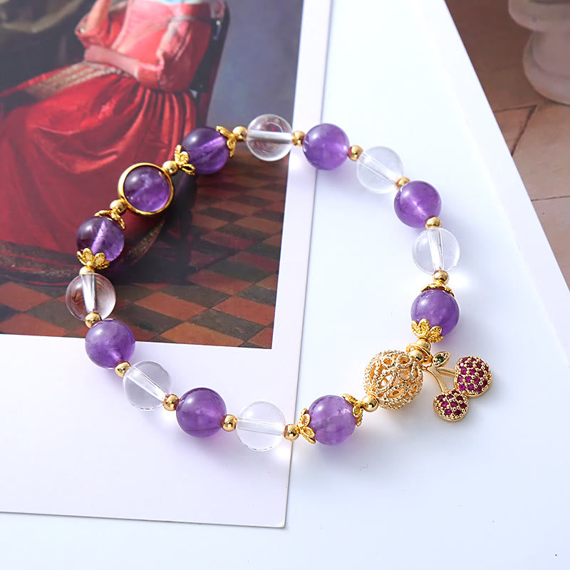 Natural Amethyst and Clear Quartz Beaded Bracelet with Cherry Charm