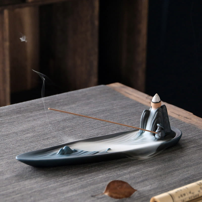 Handcrafted Mountain & Koi Fish Ceramic Stick Incense Burner for Meditation