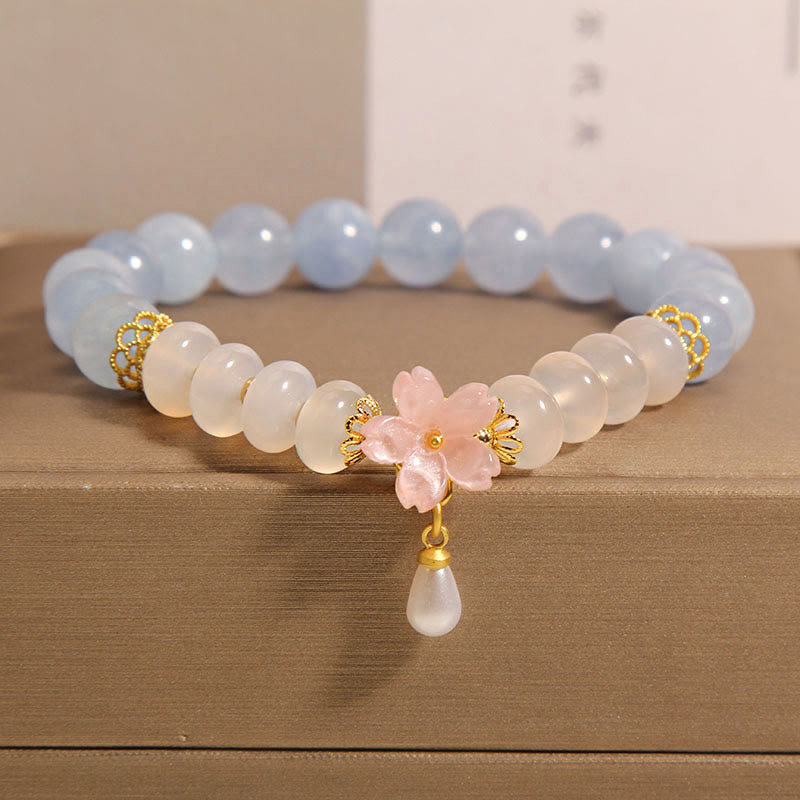 Aquamarine & White Agate Pearl Abacus Bead Bracelet with Floral Charm