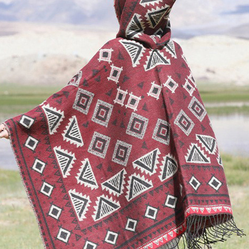 Tibetan Shawl Triangle Pattern Hooded Cloak Winter Cozy Travel Scarf Wrap